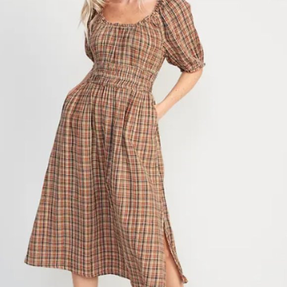 Old Navy Dresses & Skirts - Old Navy NWT Womens Waist-Defined Puff-Sleeve Plaid Midi Dress Small Gauze